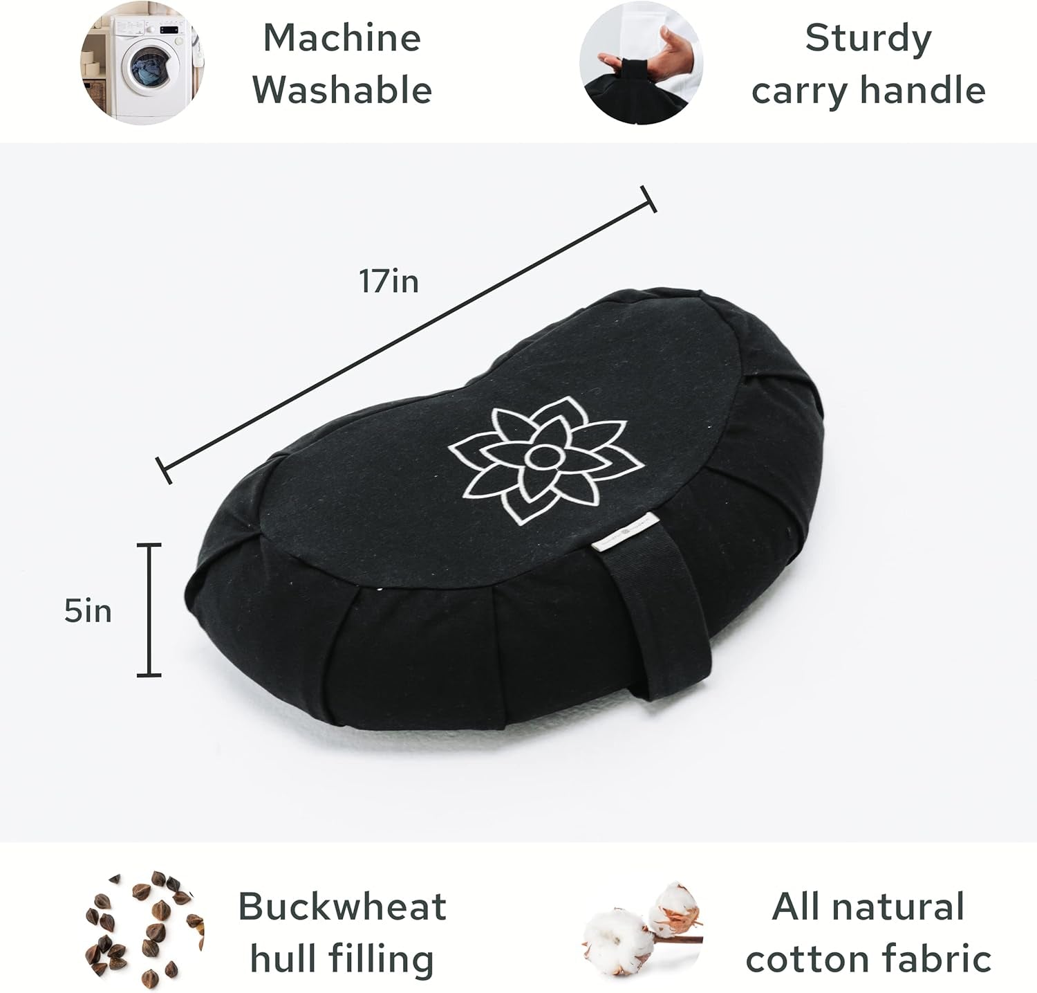 Large Meditation Cushion | Zafu Yoga Bolster Meditation Floor Pillow Seat | Buckwheat Hull Filled Crescent Shaped Cushion with Removable Washable Cover + Carry Handle (Minimal Black)