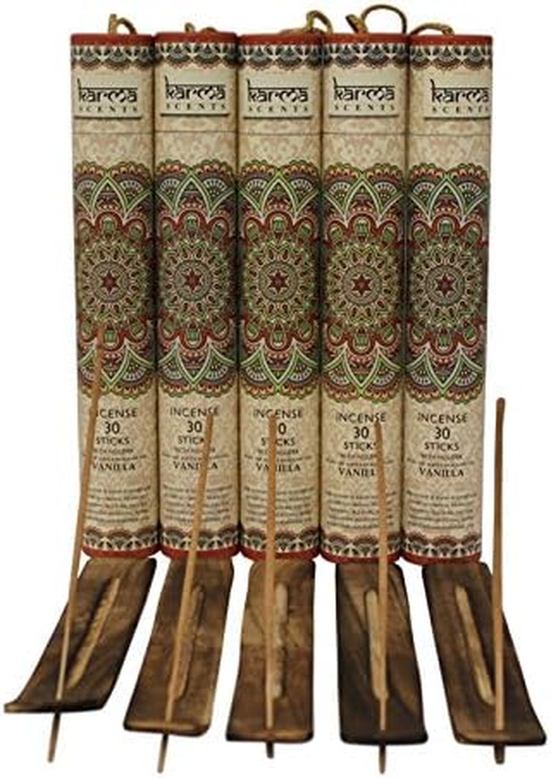 Premium Vanilla Incense Sticks, 5 Set Gift Pack with a Free Holder in Each Box. Includes 150 Sticks and Five Incense Burners | Perfect for Home Decor and Gifts.