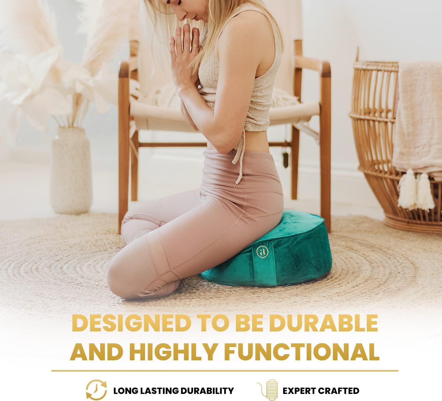 Buckwheat Meditation Cushion round Zafu Yoga Pillow - Zafu Meditation Cushion Velvet with Zippered Organic Cotton Liner to Add or Remove Hulls | Machine Washable - Free Carry Bag (Emerald)