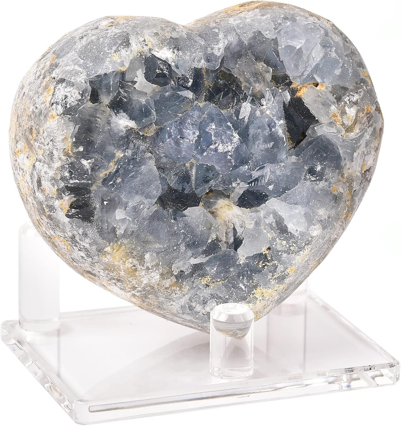 Celestite Crystals Heart Blue Geode Celestite Cluster Natural Celestite Stone Large Healing Crystal for Home Decor, Gifts with Plastic Stand 3.2"-3.6"