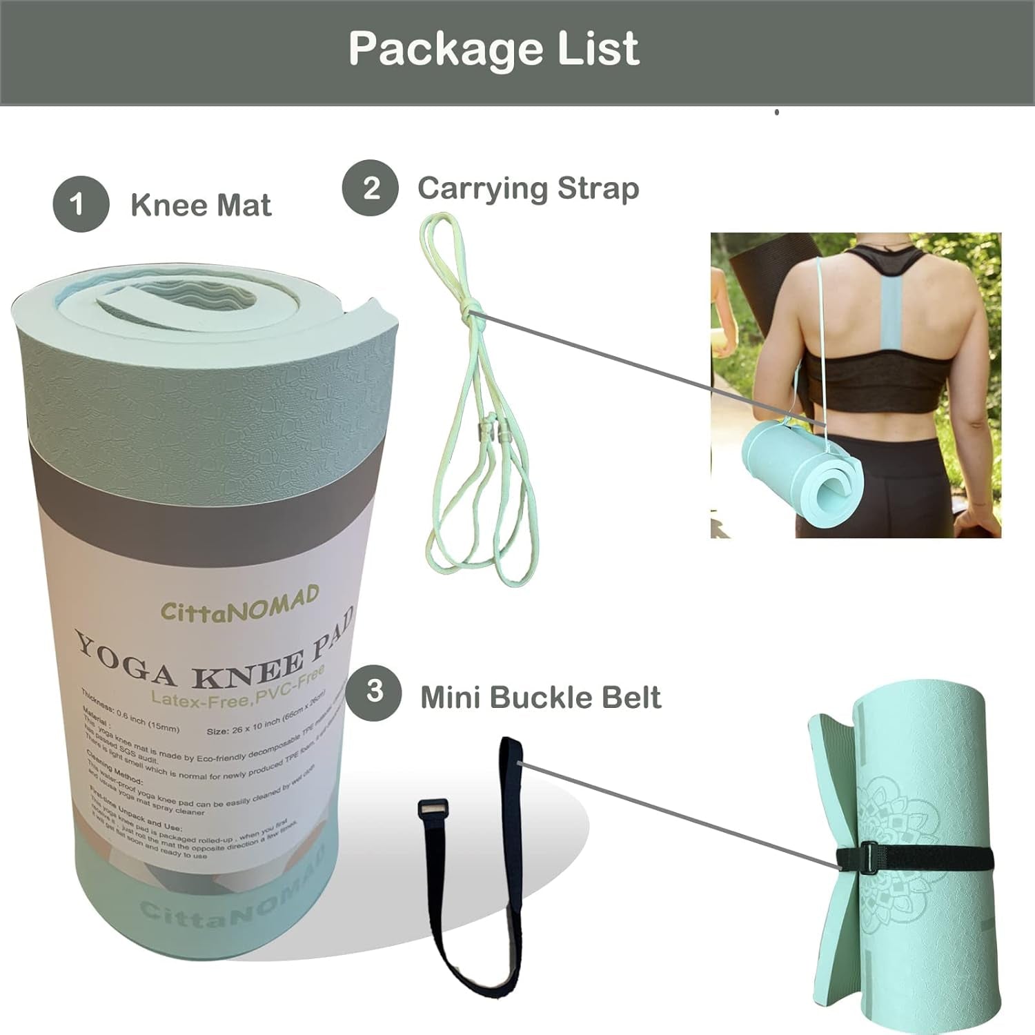 Yoga Knee Pad Cushion, Extra Thick (0.6Inch/15Mm), Extra Wide (26Inch/65Mm), W/Carry Strap, TPE Yoga Accessories for Women and Men, for Knee and Elbow Cushion in Yoga/Plank/Floor Exercises