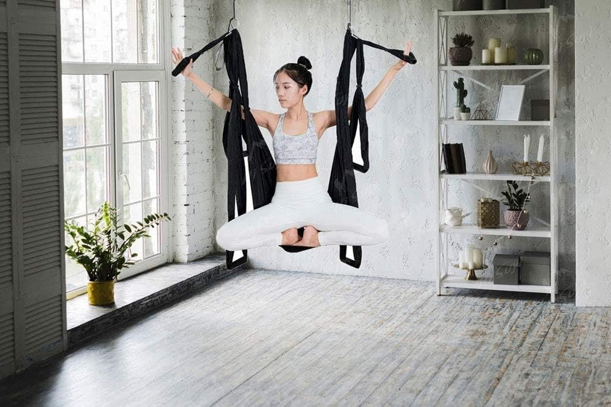 Anti-Gravity Aerial Yoga Hammock Swing – Six Handles Sling Pilates Set Kit Include Steel Carabiners Extension Straps No Ceiling Hanging Mount for Home & Gym Fitness