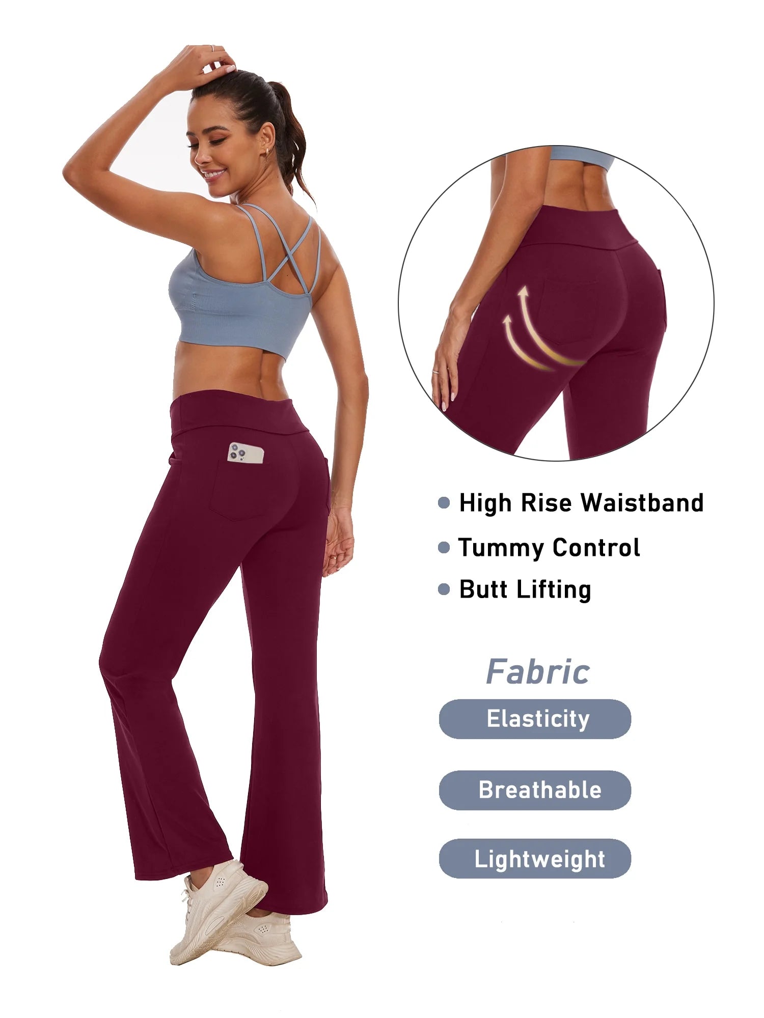 Womens Bootcut Yoga Pants with Pockets High Waist Bootleg Trousers Workout Gym Flare Legging Activewear Dark Red L