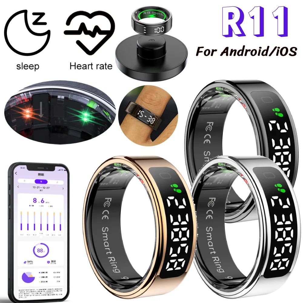 R11 Smart Ring BT 5.2 with Display Screen/Touch Wireless Charging 5 ATM Waterproof for Men Women for Android/Ios