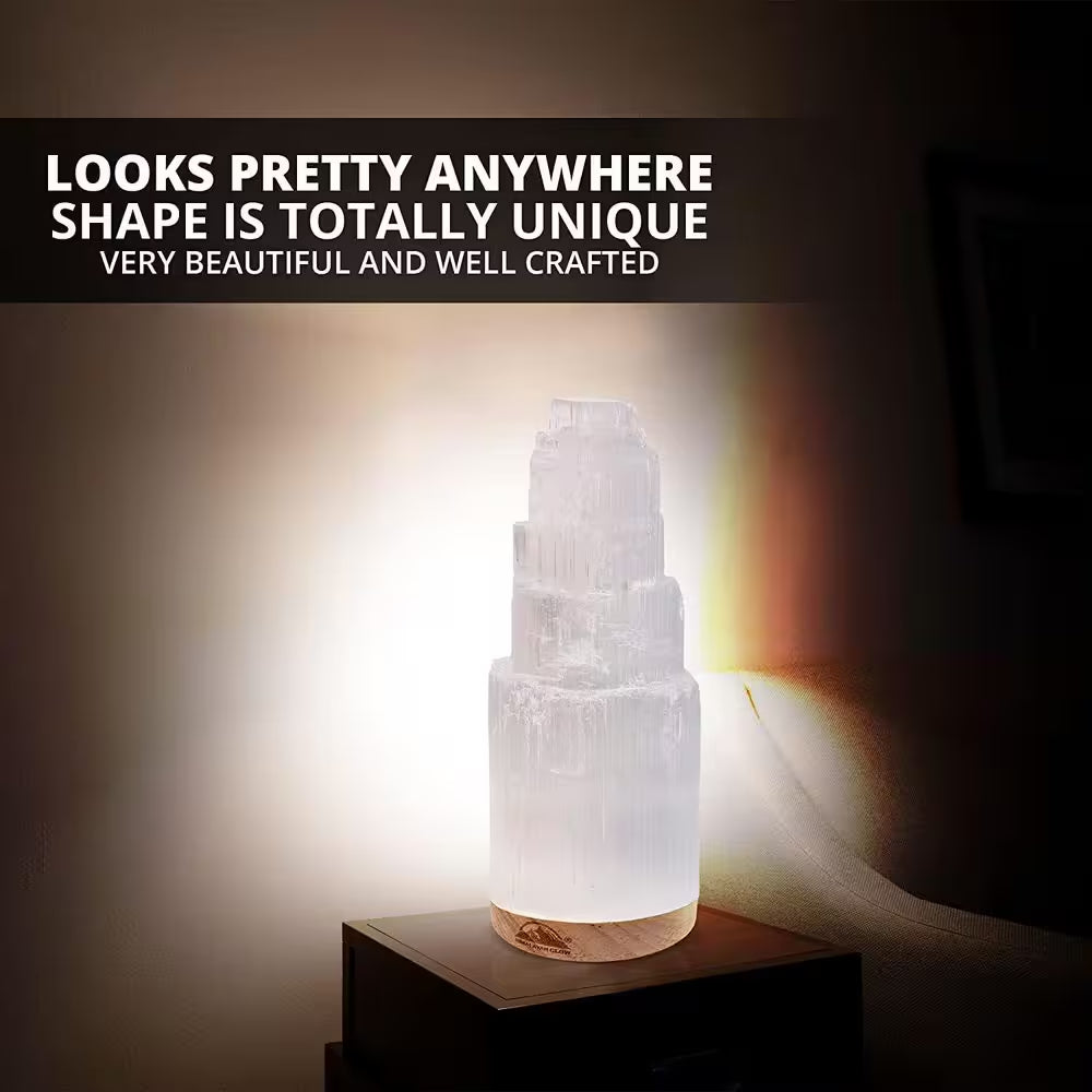 7.5 In. Natural Selenite Crystal Lamp with Wooden Base and USB Port (5-7 Lbs.)