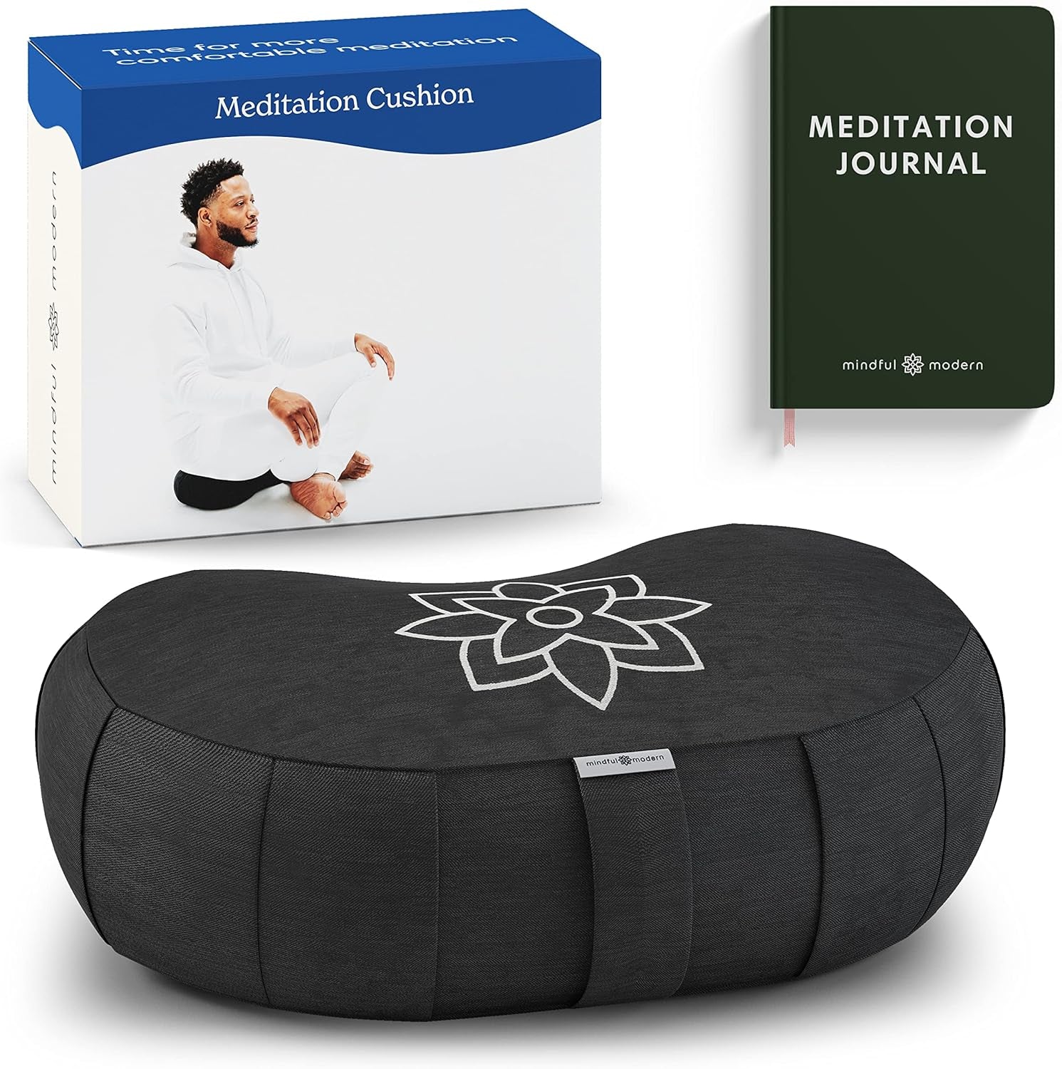 Large Meditation Cushion | Zafu Yoga Bolster Meditation Floor Pillow Seat | Buckwheat Hull Filled Crescent Shaped Cushion with Removable Washable Cover + Carry Handle (Minimal Black)