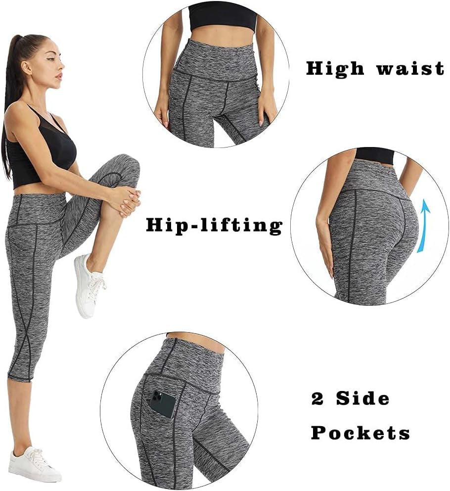 Women'S High Waist Biker Shorts Running Gym Compression Spandex Shorts Side Pockets Yoga Capri Leggings