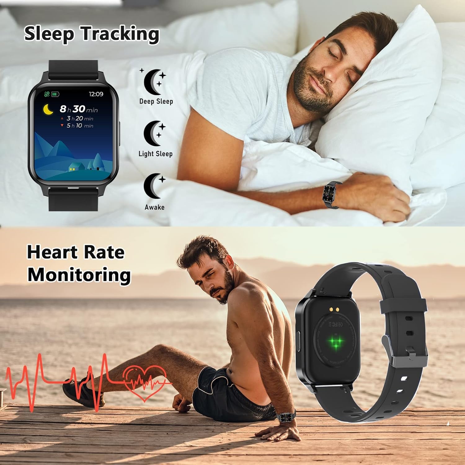 Smart Watch, 1.7" Smartwatch for Android and Ios Phones, Fitness Tracker with with Full Touch Color Screen Heart Rate and Sleep Monitor Pedometer, IP68 Waterproof Smart Watch for Women Men