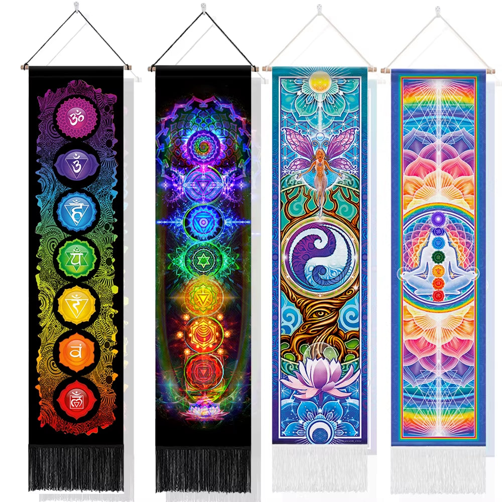 Seven Chakra Tapestry ,Hippie Mandala Chakras Wall Hanging , Yoga Meditation Tapestries for Spiritual Room Decor , 12.8"X 51.2"