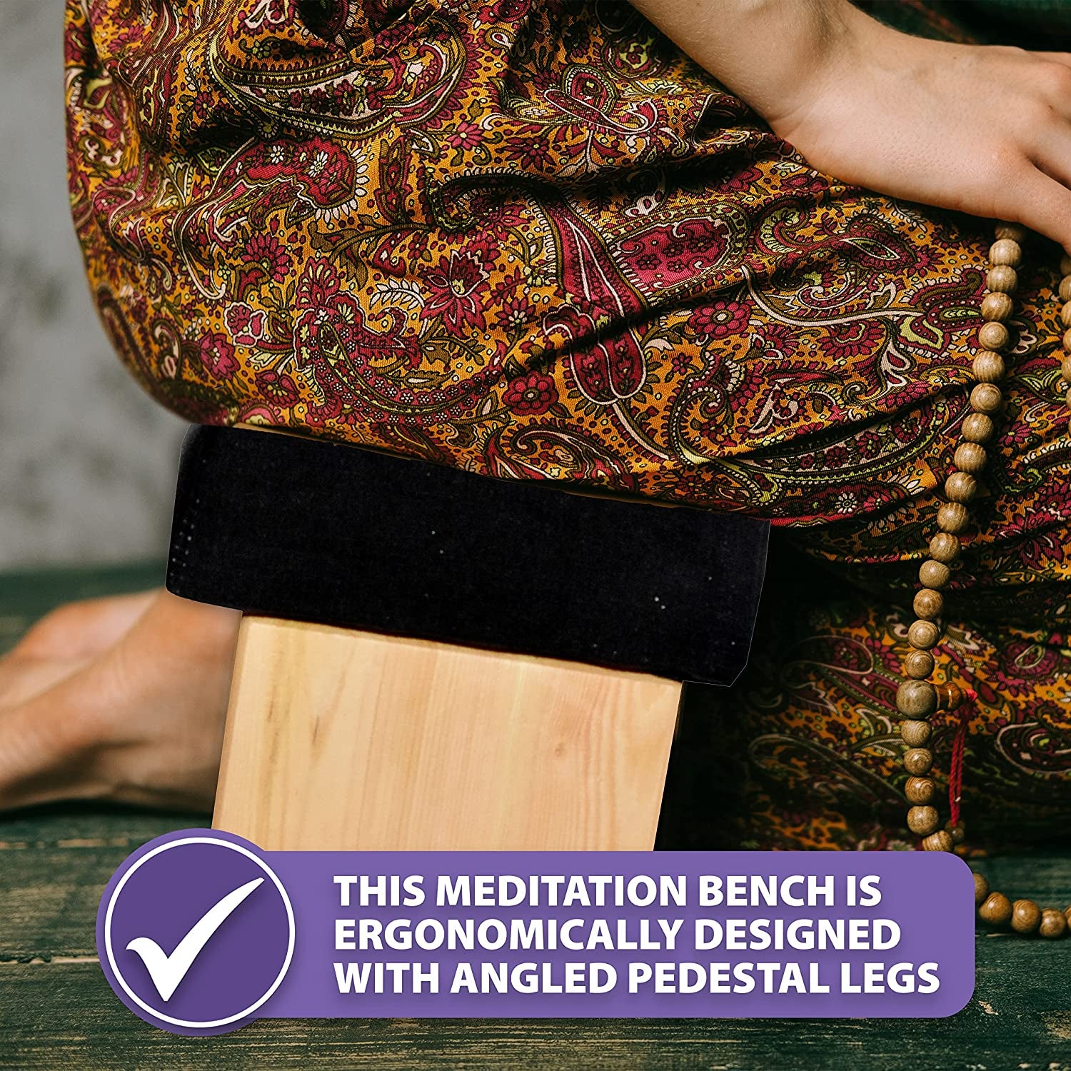 Black Foldable Meditation Chair - Yoga Zen Meditation Bench Kneeling Stool - Wooden Meditation Stool with Cushion - Prayer Kneeler Seiza Meditation Seat