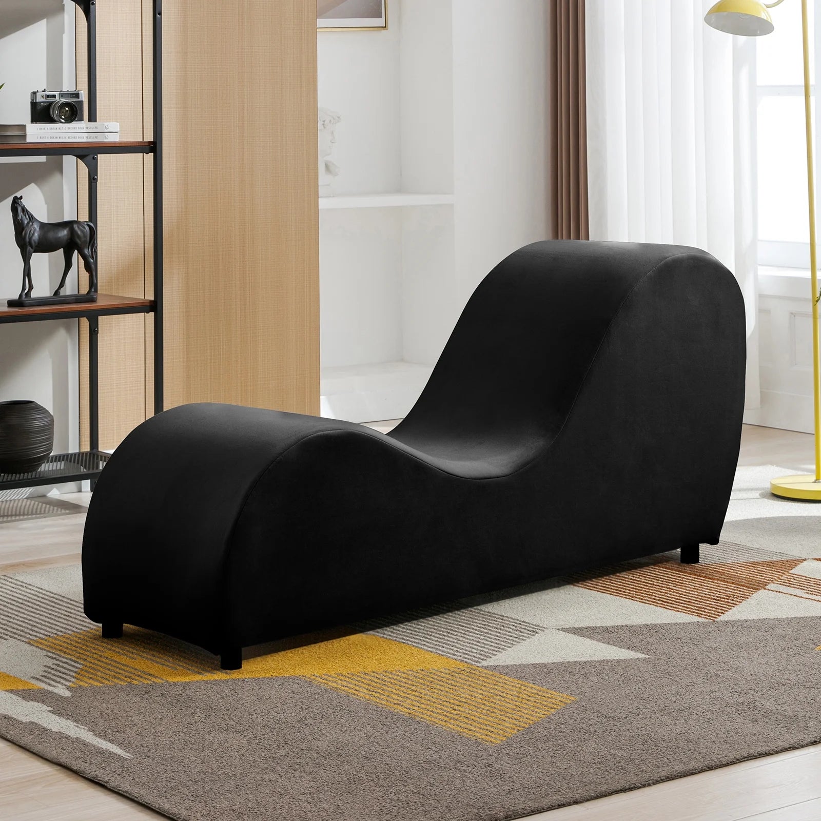 Yoga Curve Chair, Velvet Yoga Chaise Lounge Chair for Adults, Modern Yoga Couch for Stretching and Relaxation, Black