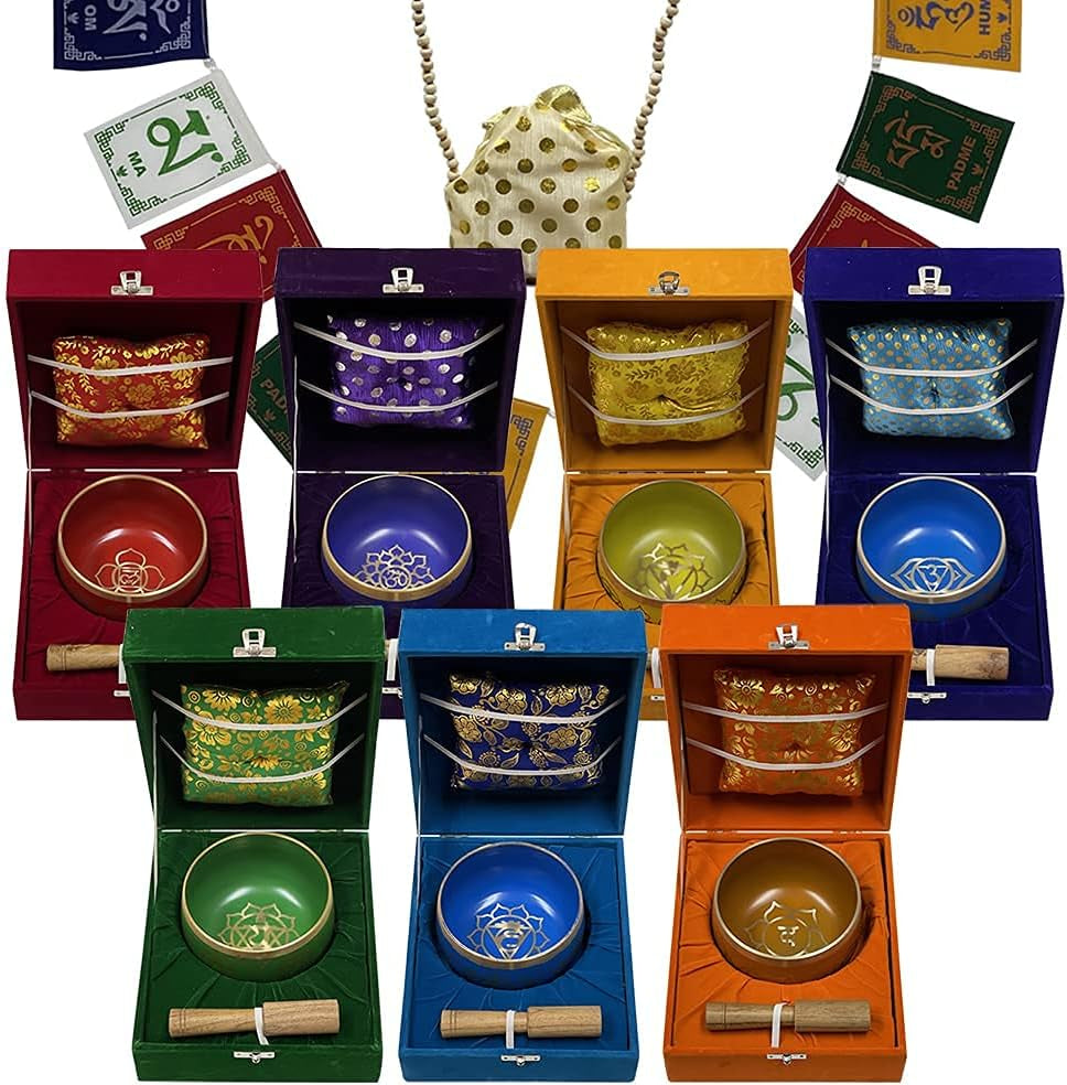 Chakra Singing Bowls Set Cuencos Tibetanos with Cushion Mallet Tulsi Beads Mala Tibetan Prayer Flag for Meditation Mindfulness - Style2 Size Large