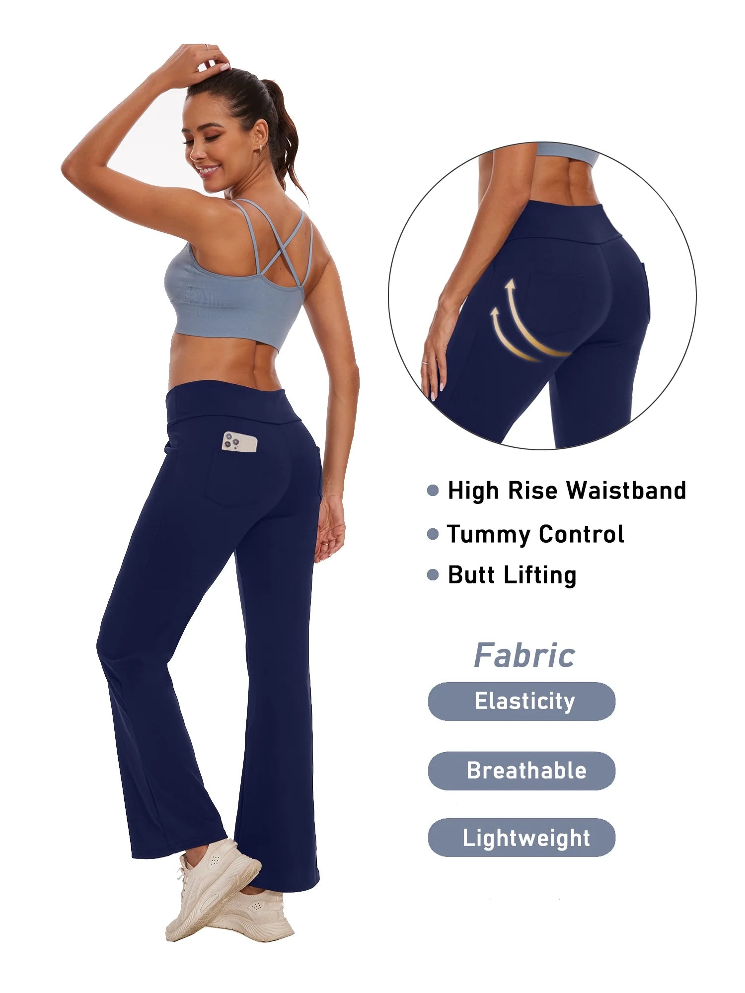 Womens Bootcut Yoga Pants with Pockets High Waist Bootleg Trousers Workout Gym Flare Legging Activewear Navy Blue M