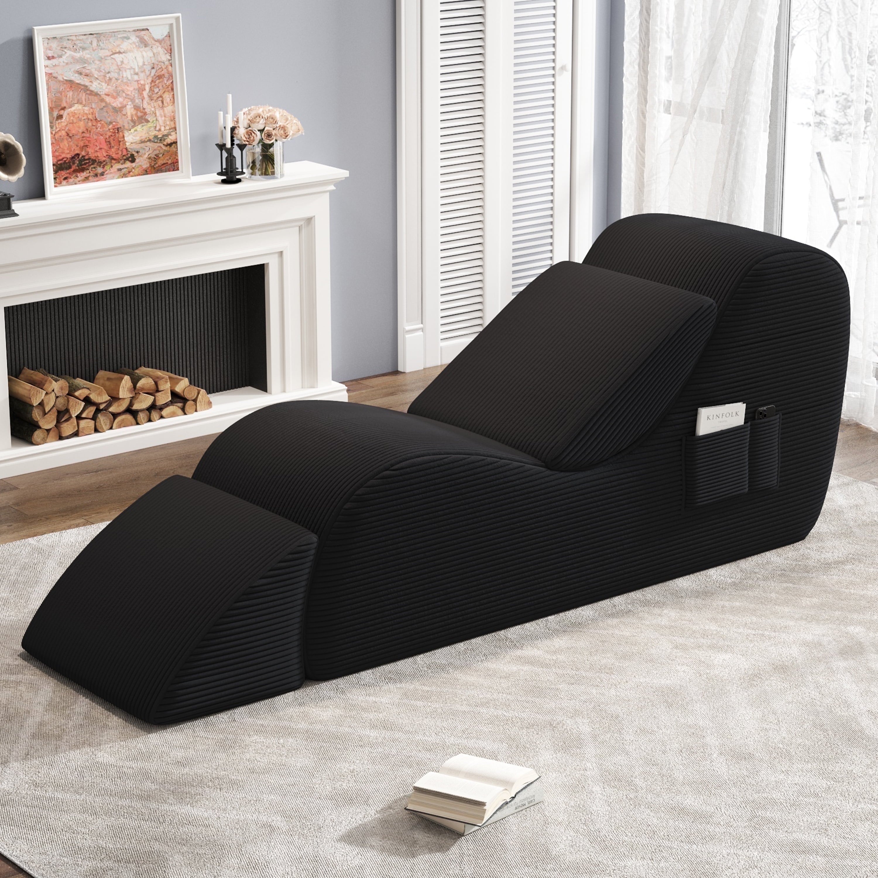 Curve Yoga Chair, Ergonomic Corduroy Yoga Sofa for Adults, with Lumbar Pillow, Side Pocket, Ottoman for Furniture Gift Lounge Stretching, Relaxing and Exercising, Black
