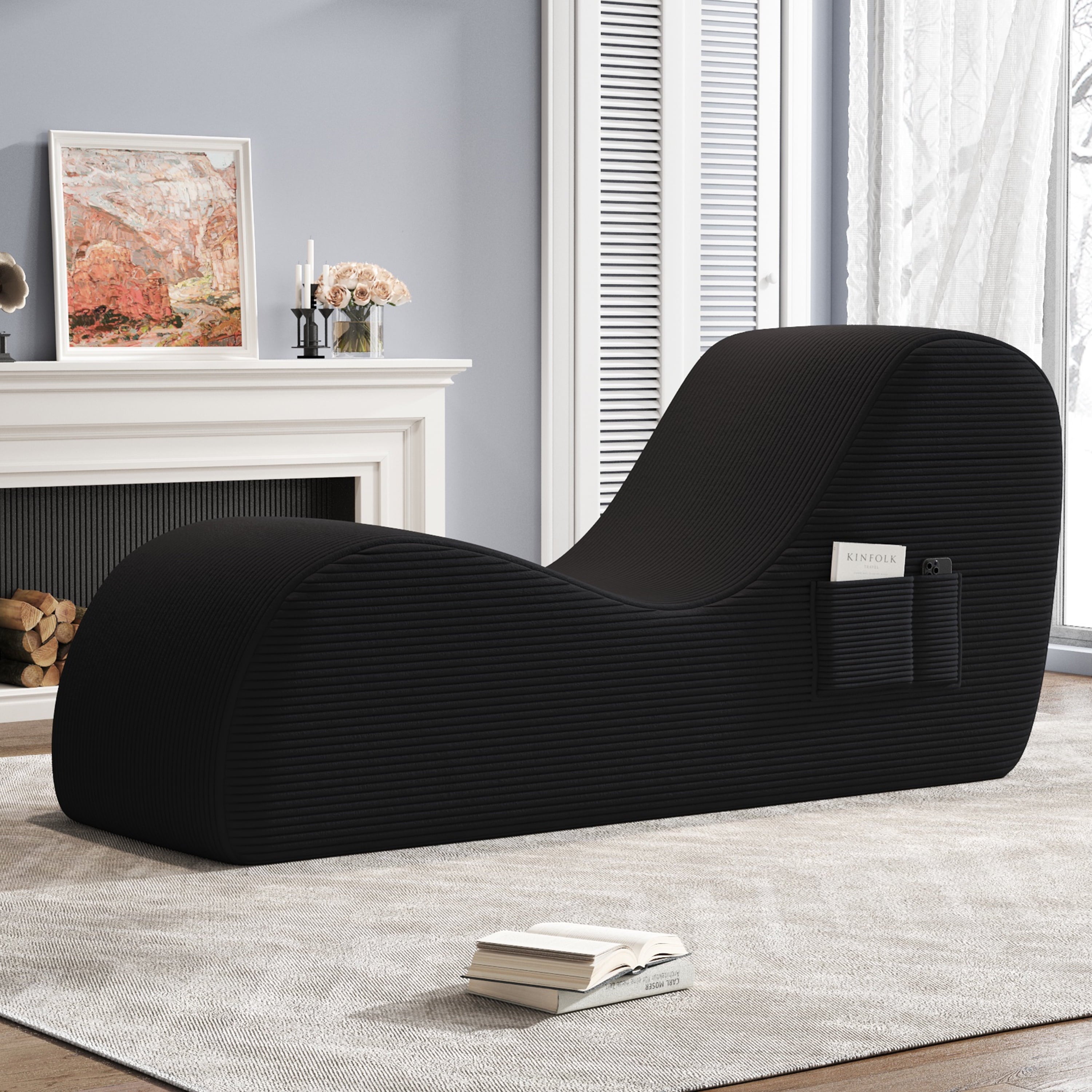 Curve Yoga Chair, Ergonomic Corduroy Yoga Sofa for Adults, with Lumbar Pillow, Side Pocket, Ottoman for Furniture Gift Lounge Stretching, Relaxing and Exercising, Black