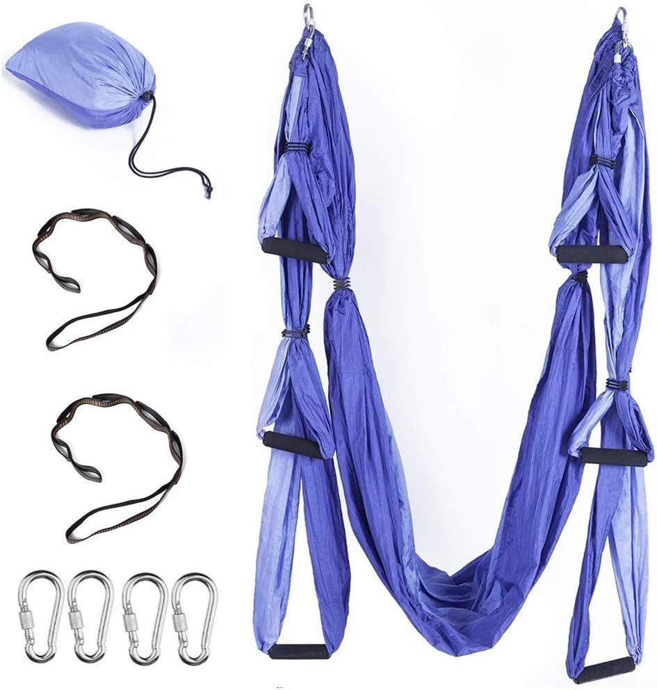 Anti-Gravity Aerial Yoga Hammock Swing – Six Handles Sling Pilates Set Kit Include Steel Carabiners Extension Straps No Ceiling Hanging Mount for Home & Gym Fitness