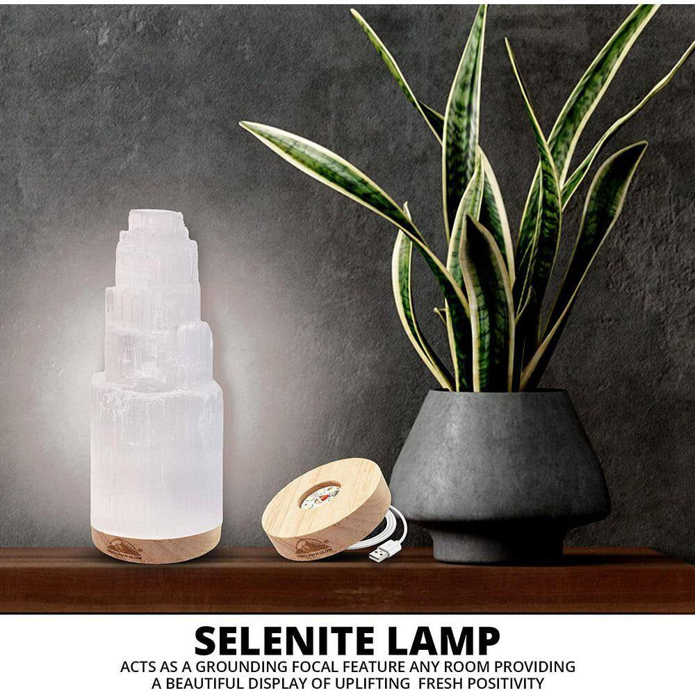 7.5 In. Natural Selenite Crystal Lamp with Wooden Base and USB Port (5-7 Lbs.)