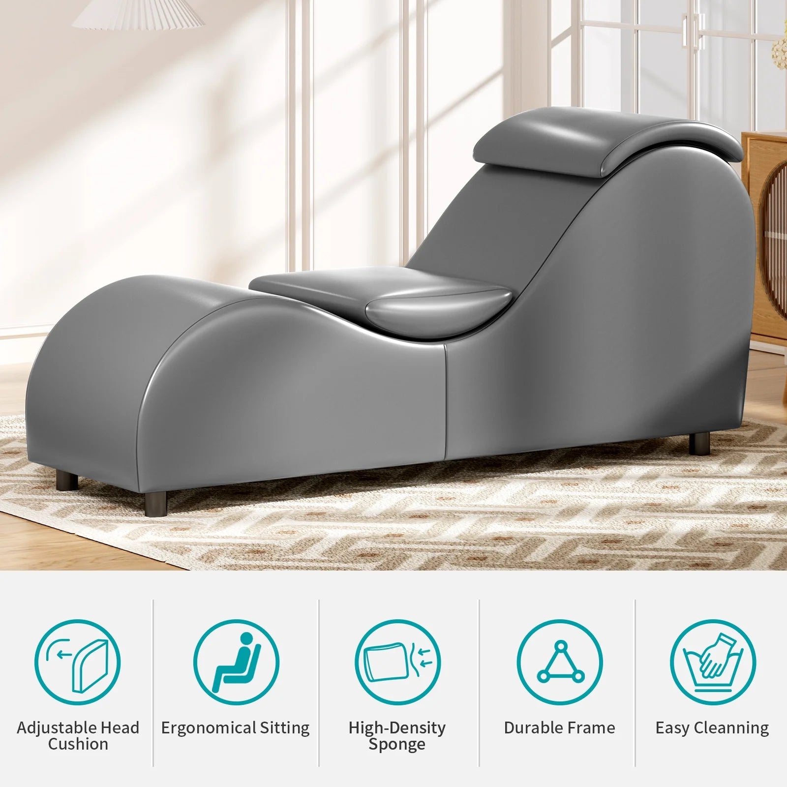 Yoga Chaise Lounge Chair, Morden Ergonomic Design Yoga Sofa, Curved Lounge Chaise Indoor for Stretching&Relaxation, Grey