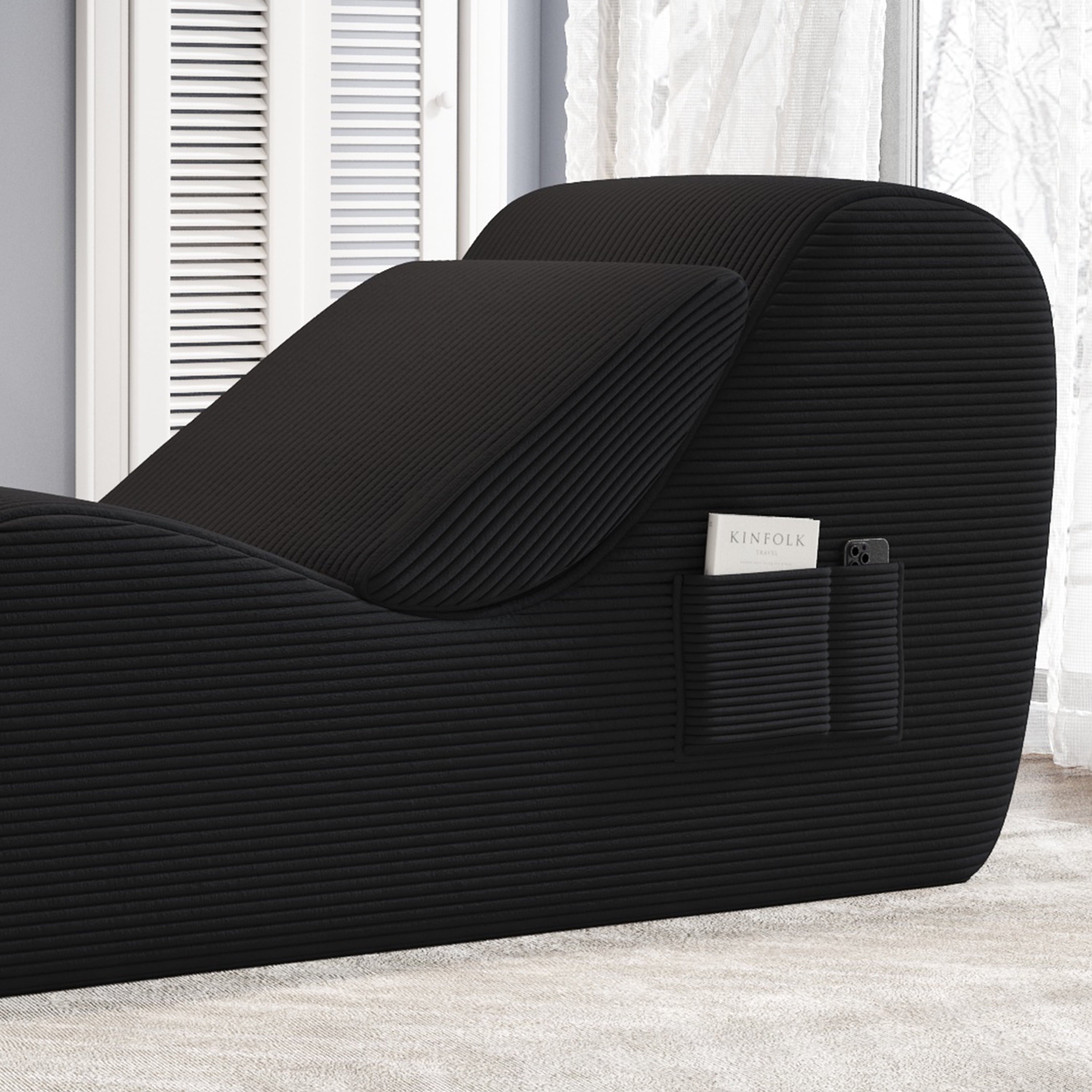 Curve Yoga Chair, Ergonomic Corduroy Yoga Sofa for Adults, with Lumbar Pillow, Side Pocket, Ottoman for Furniture Gift Lounge Stretching, Relaxing and Exercising, Black