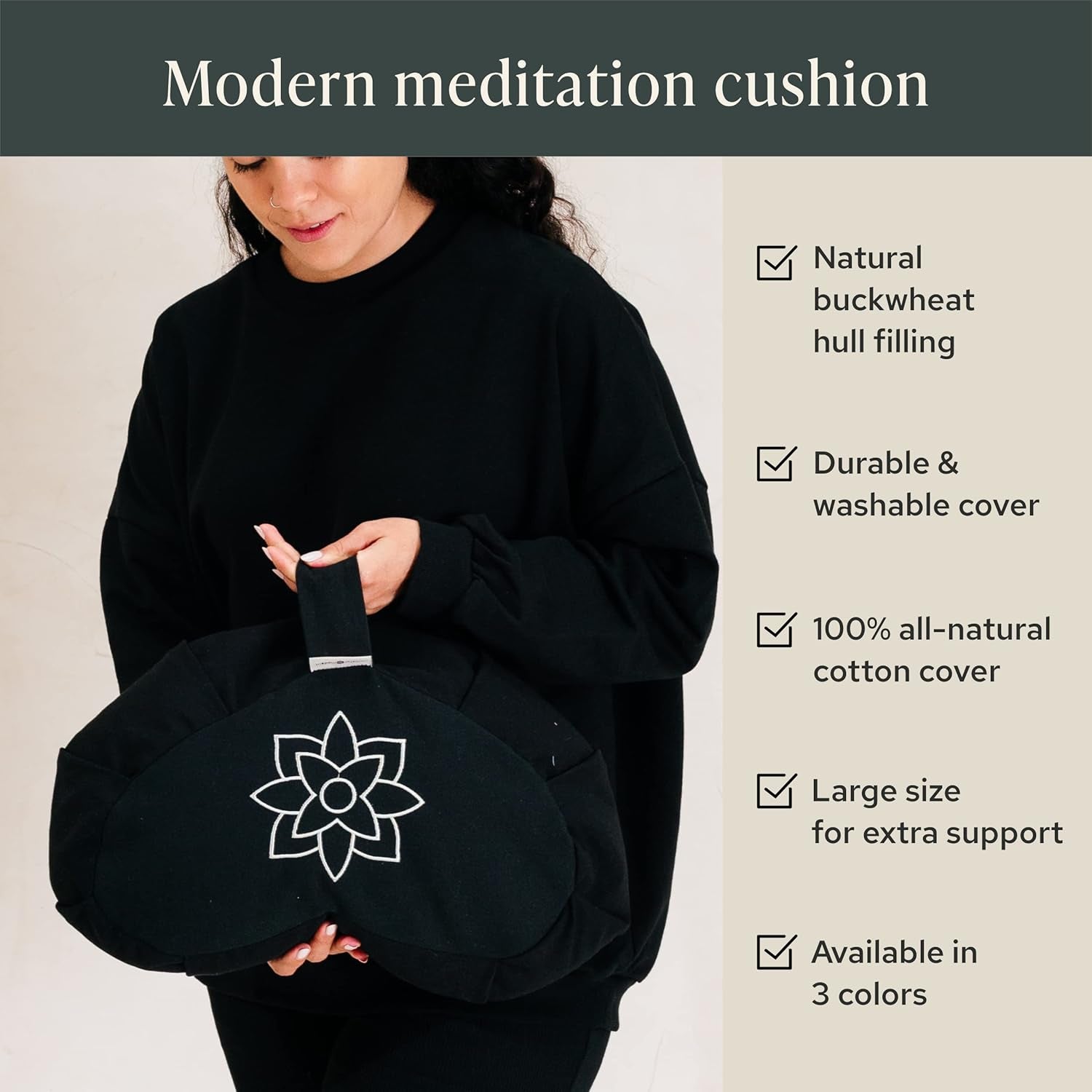 Large Meditation Cushion | Zafu Yoga Bolster Meditation Floor Pillow Seat | Buckwheat Hull Filled Crescent Shaped Cushion with Removable Washable Cover + Carry Handle (Minimal Black)
