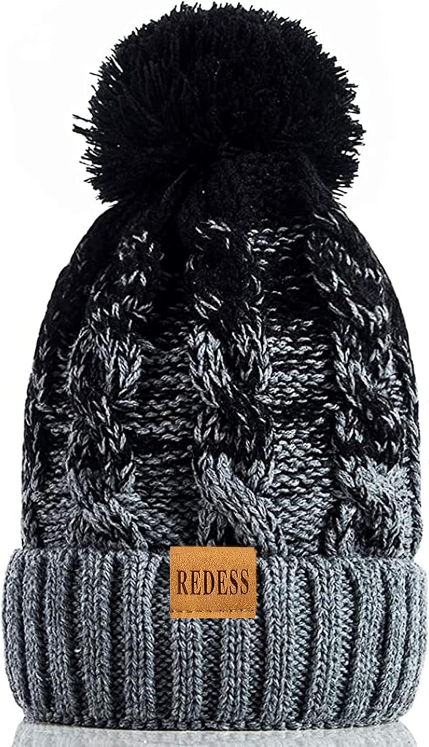 Women Winter Pompom Beanie Hat with Warm Fleece Lined, Thick Slouchy Snow Knit Skull Ski Cap
