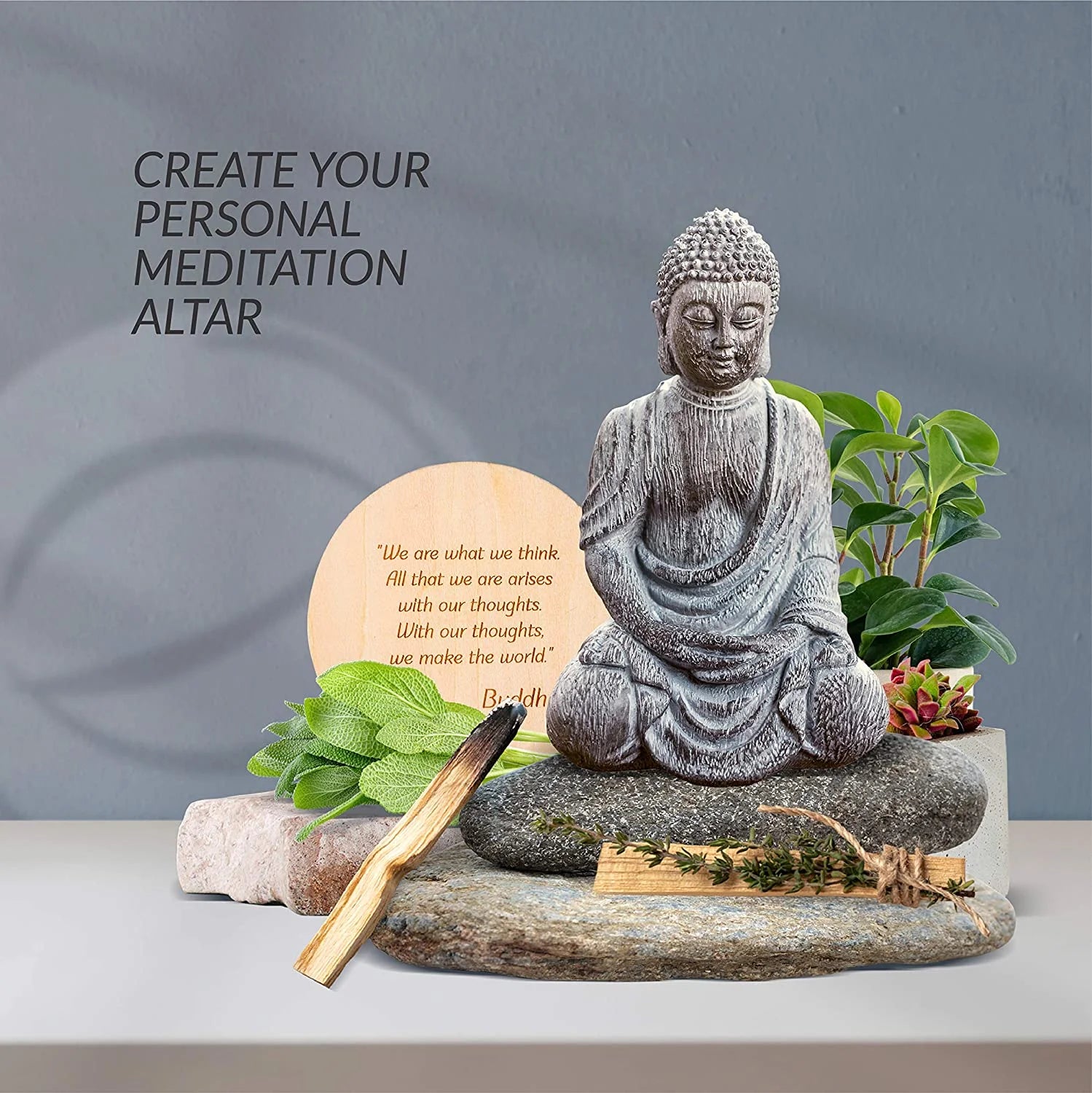 Lord Buddha Statue Mini — Great Spiritual Gift Idea — 6.7 Inch Durable Resin Buddha Decor Statue with Wooden round Base — Mini Buddha Statue for Home Decor