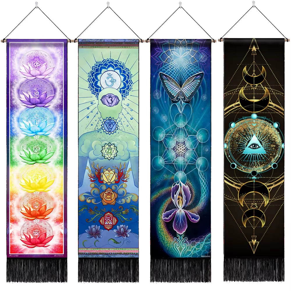 Seven Chakra Tapestry ,Hippie Mandala Chakras Wall Hanging , Yoga Meditation Tapestries for Spiritual Room Decor , 12.8"X 51.2"