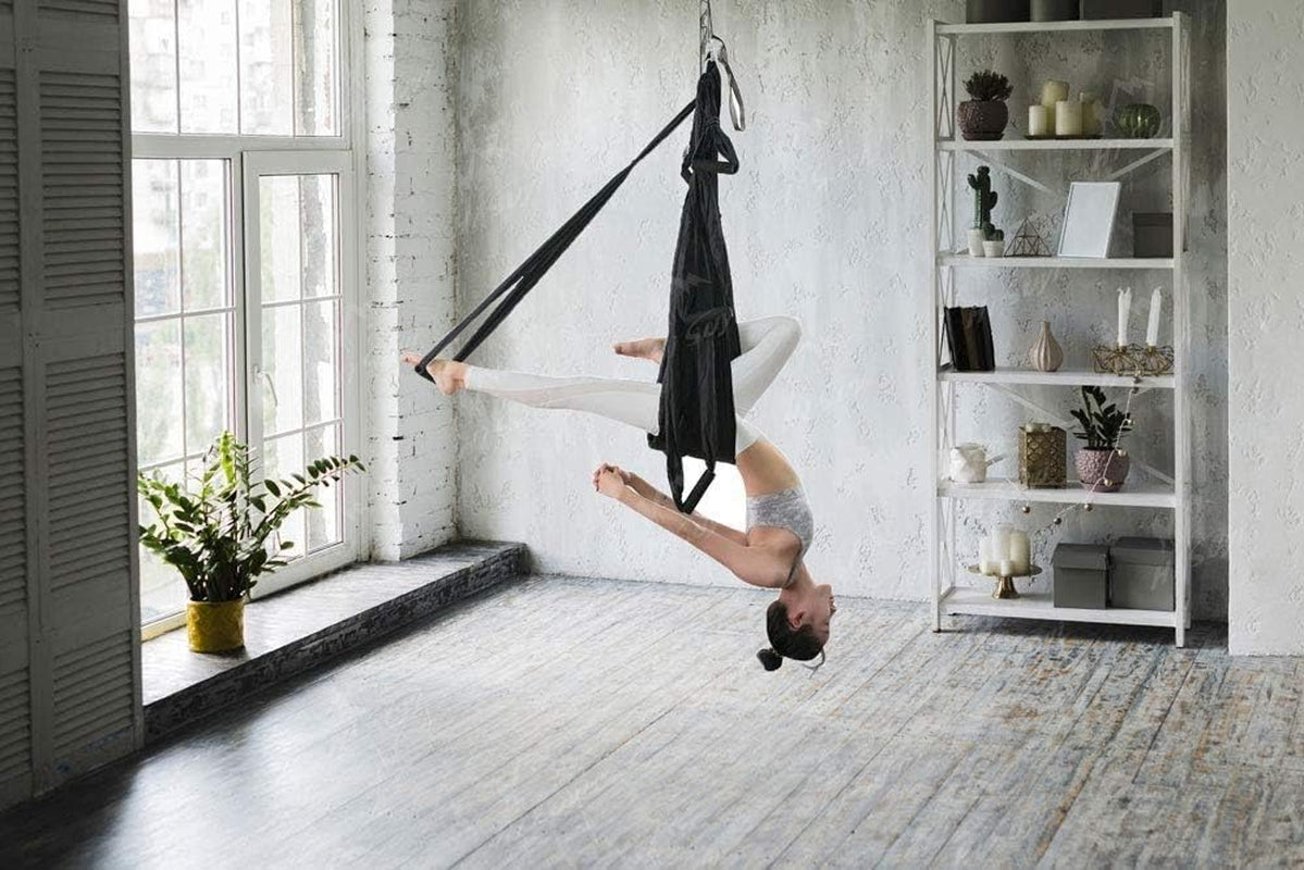 Anti-Gravity Aerial Yoga Hammock Swing – Six Handles Sling Pilates Set Kit Include Steel Carabiners Extension Straps No Ceiling Hanging Mount for Home & Gym Fitness