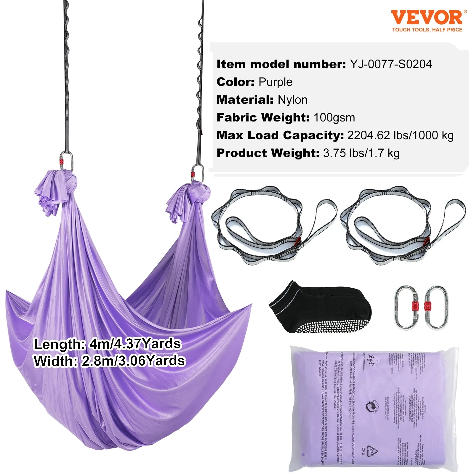 Yoga Swing Aerial Hammock - 4.4 Yard Nylon Hanging Sling for Inversions - Purple