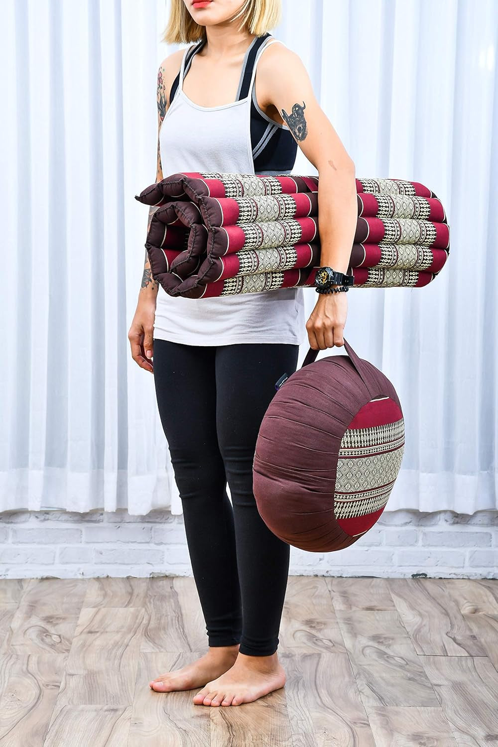 Meditation Cushion Set – 1 round Zafu Meditation Pillow and 1 Square Roll-Up Zabuton Meditation Mat, Pillows Bundle Filled with Kapok