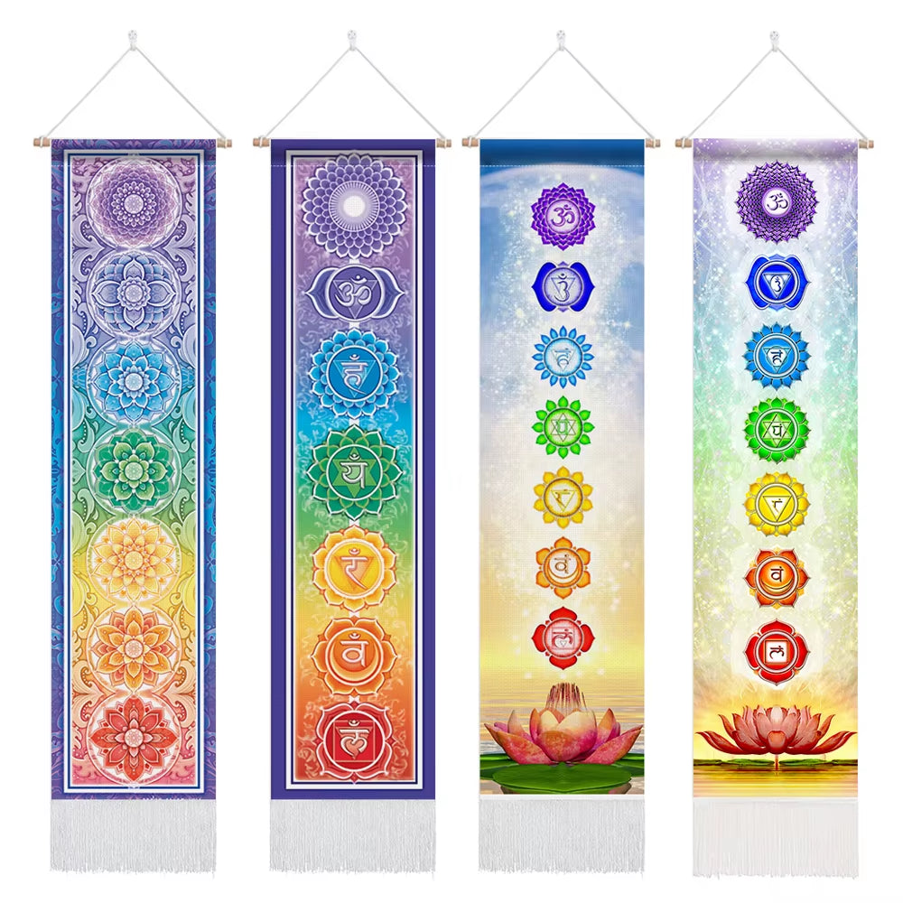 Seven Chakra Tapestry ,Hippie Mandala Chakras Wall Hanging , Yoga Meditation Tapestries for Spiritual Room Decor , 12.8"X 51.2"