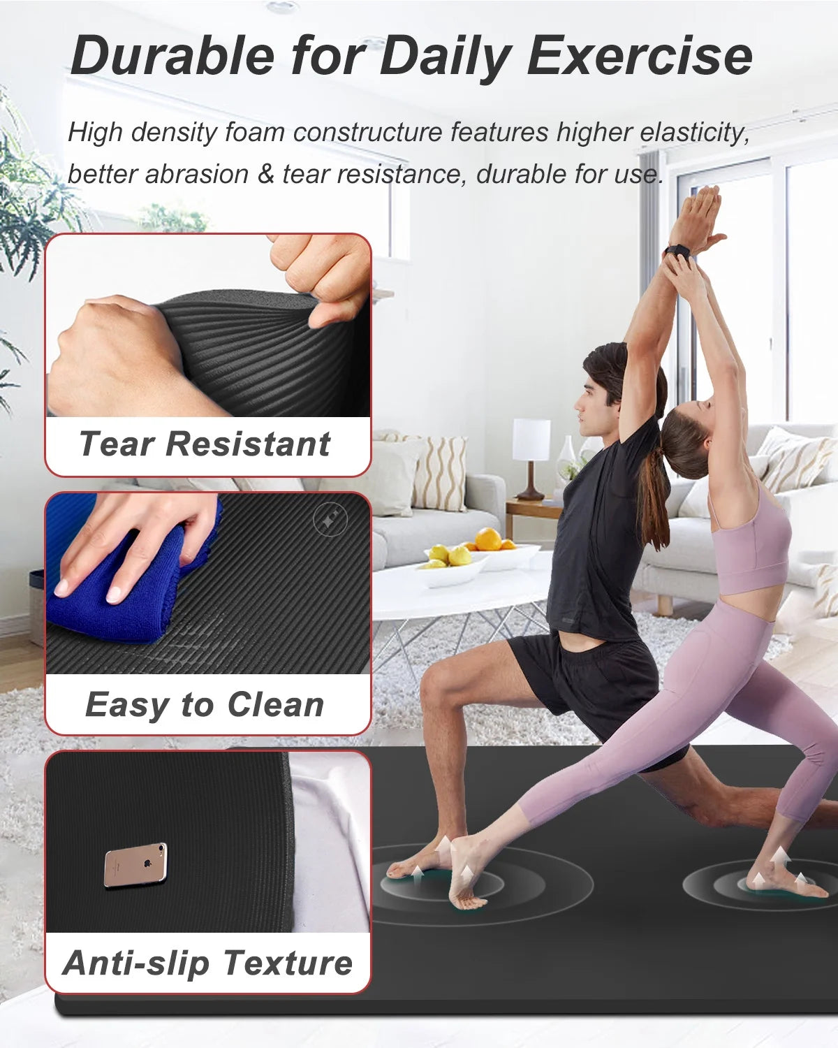 Large Yoga Mat 78X51" 10Mm/15Mm/20Mm Extra Thick Exercise Mats Home Gym Workout Stretching, Black