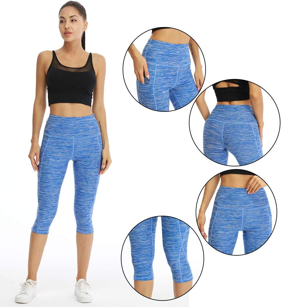 Women'S High Waist Biker Shorts Running Gym Compression Spandex Shorts Side Pockets Yoga Capri Leggings