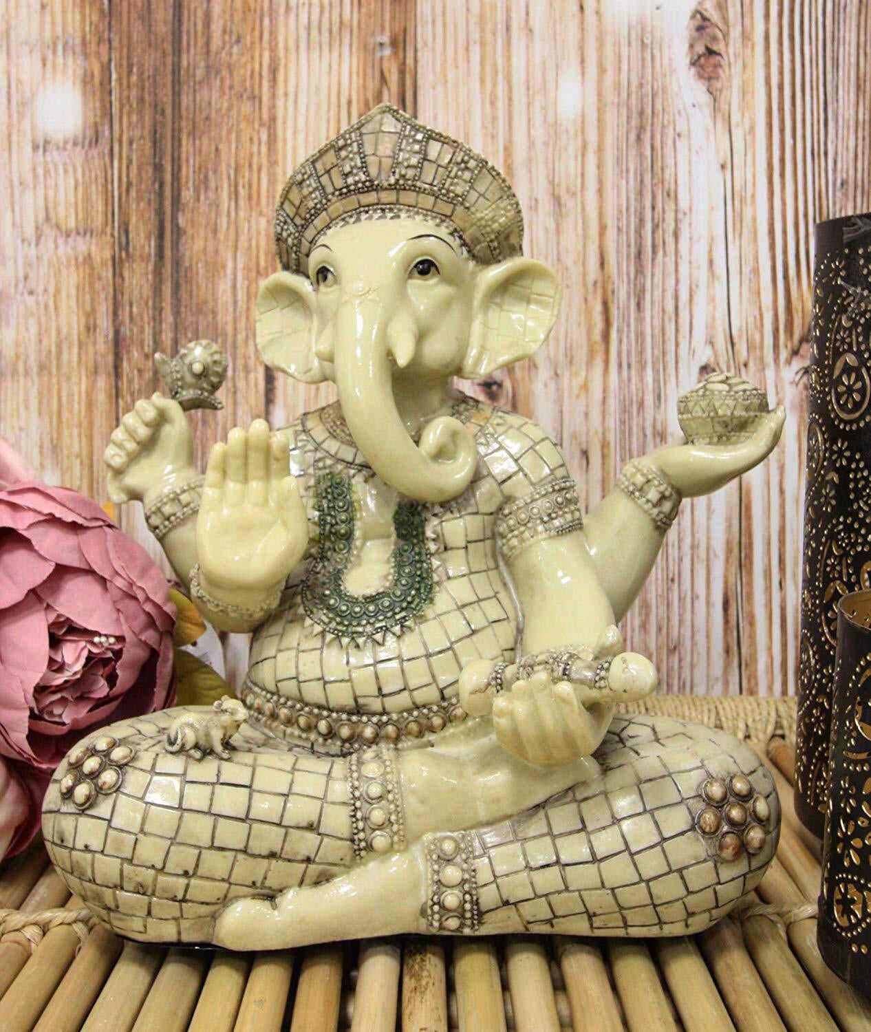 Ebros 11" Tall Hindu Ganesha in Meditation Holding Bowl Conch and Lotus Statue