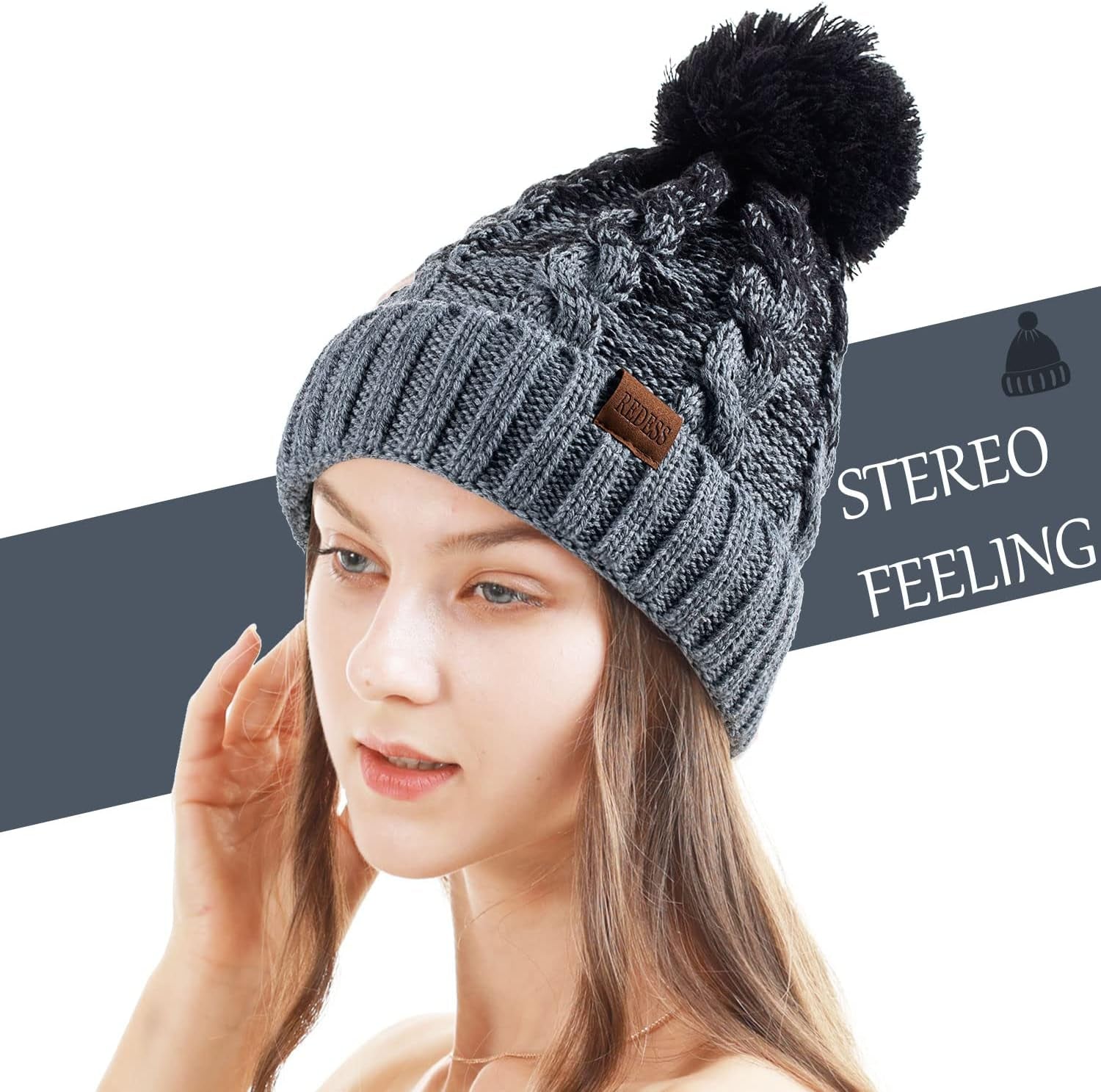 Women Winter Pompom Beanie Hat with Warm Fleece Lined, Thick Slouchy Snow Knit Skull Ski Cap