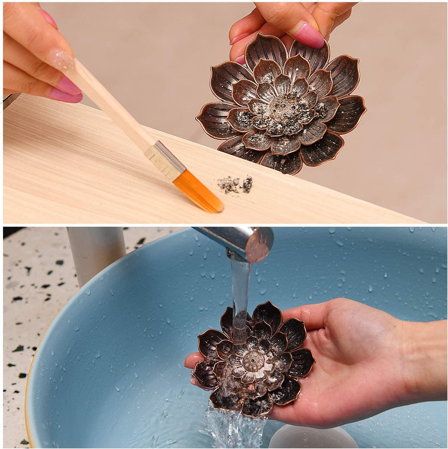 Brass Lotus Incense Burner, Brass Incense Holder Cone Incense Burner Holder with Ash Catcher and Ash Brush for Home Office Fragrance Accessories