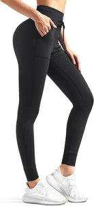 High Waisted Yoga Leggings for Women Double Tummy Control Workout Yoga Pants with Pockets Drawstring Jogger Pants Black