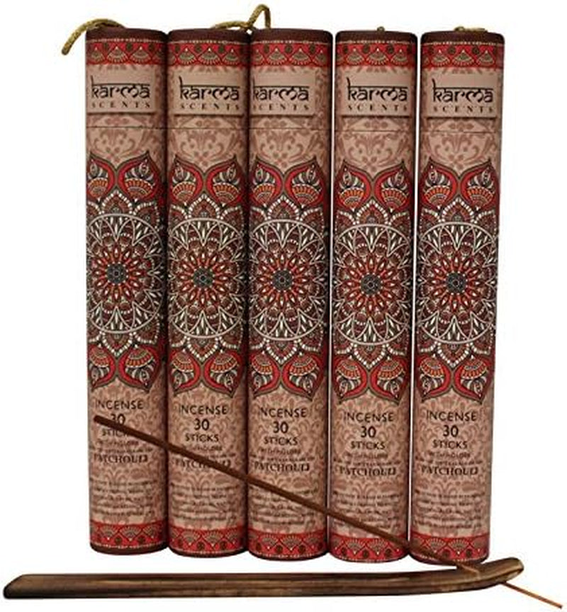 Premium Patchouli Incense Sticks, 5 Set Gift Pack with a Free Holder in Each Box. Includes 150 Sticks and Five Incense Burners | Perfect for Home Decor and Gifts.