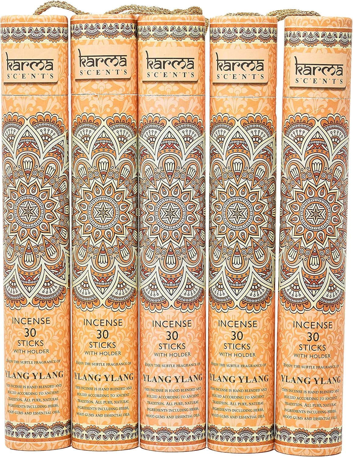 Premium Ylang Ylang Incense Sticks, 5 Set Gift Pack with a Free Holder in Each Box. Includes 150 Sticks and Five Incense Burners | Perfect for Home Decor and Gifts.