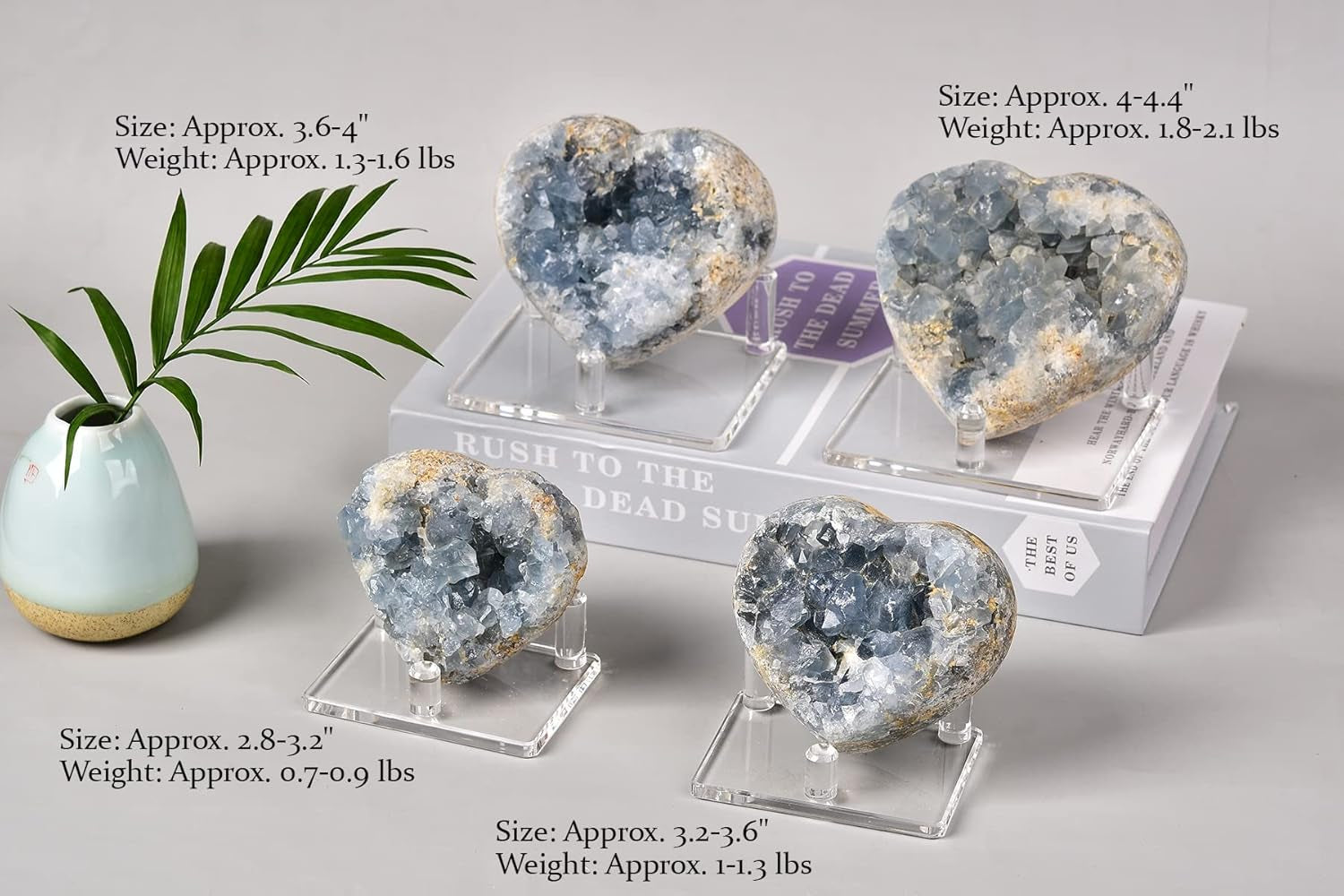 Celestite Crystals Heart Blue Geode Celestite Cluster Natural Celestite Stone Large Healing Crystal for Home Decor, Gifts with Plastic Stand 3.2"-3.6"