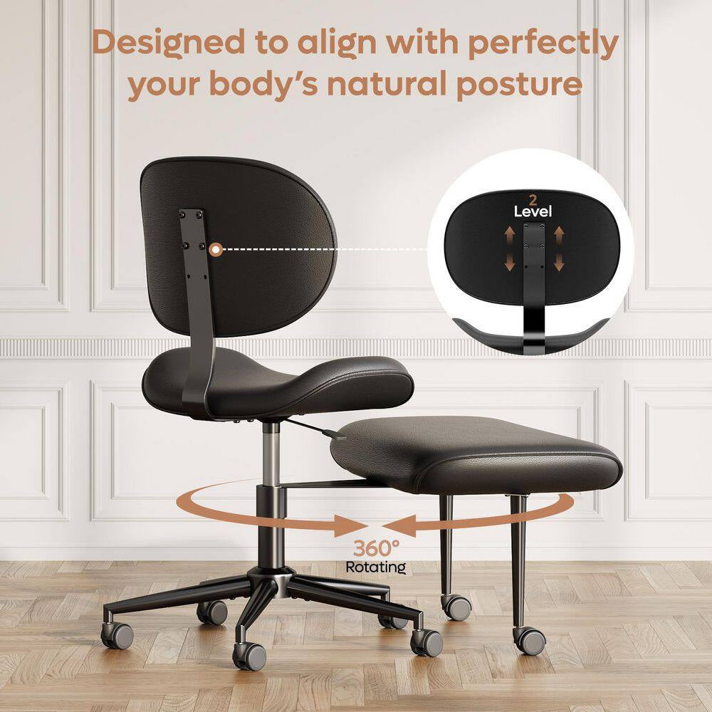 Faux Leather Ergonomic Cross-Legged Office Chair ADHD Meditation Chair with Wheels and Height Adjustable, Black