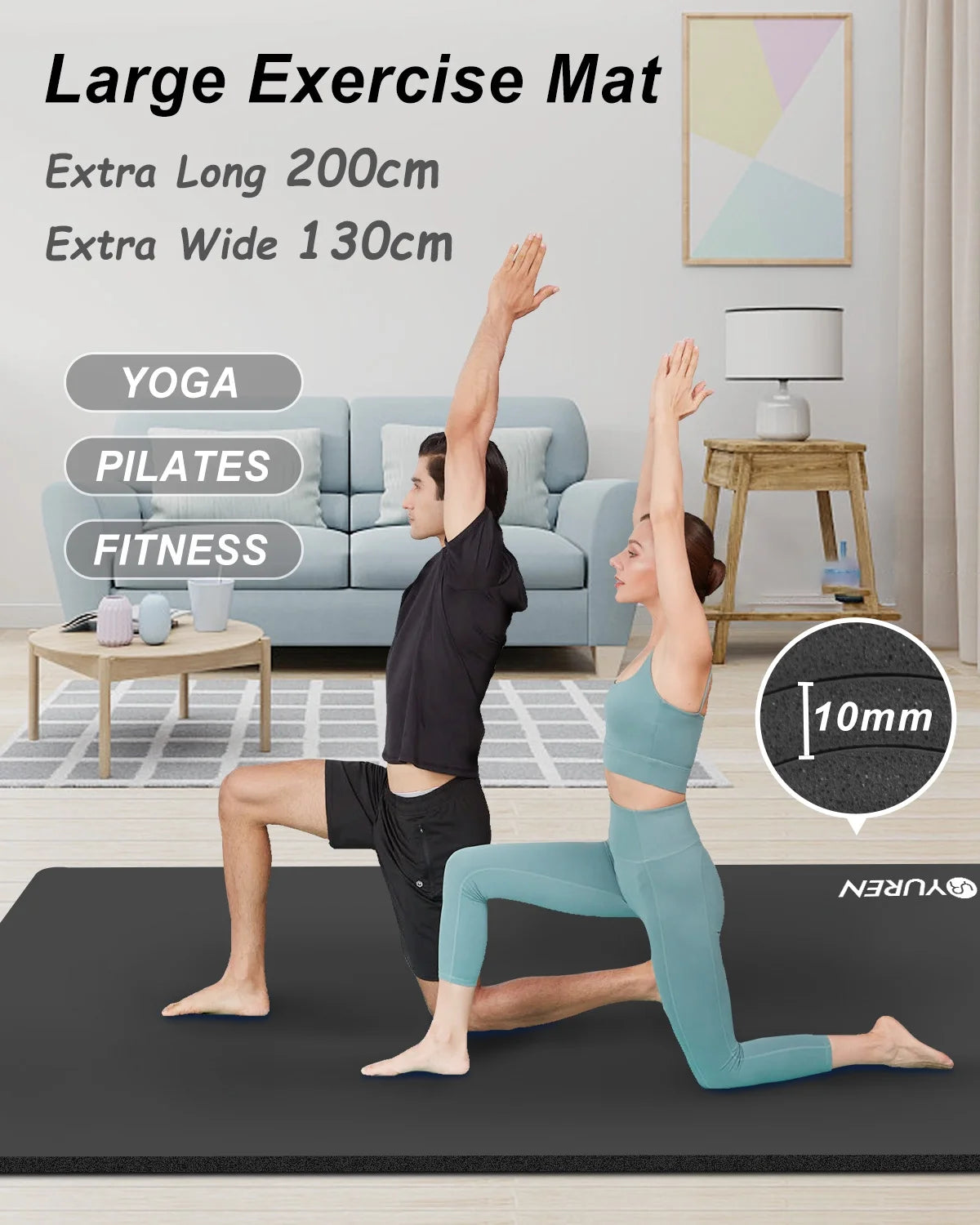 Large Yoga Mat 78X51" 10Mm/15Mm/20Mm Extra Thick Exercise Mats Home Gym Workout Stretching, Black