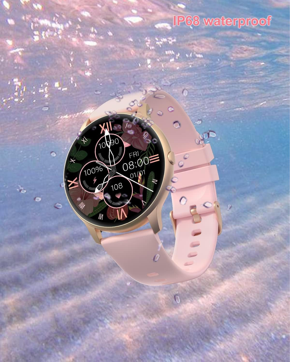 Women Smart Watch Compatible with Iphone and Android Phones IP68 Waterproof, round Watch for Women Smartwatch Fitness Tracker Heart Rate Monitor Digital Watch with Personalized Watch Faces (Pink)