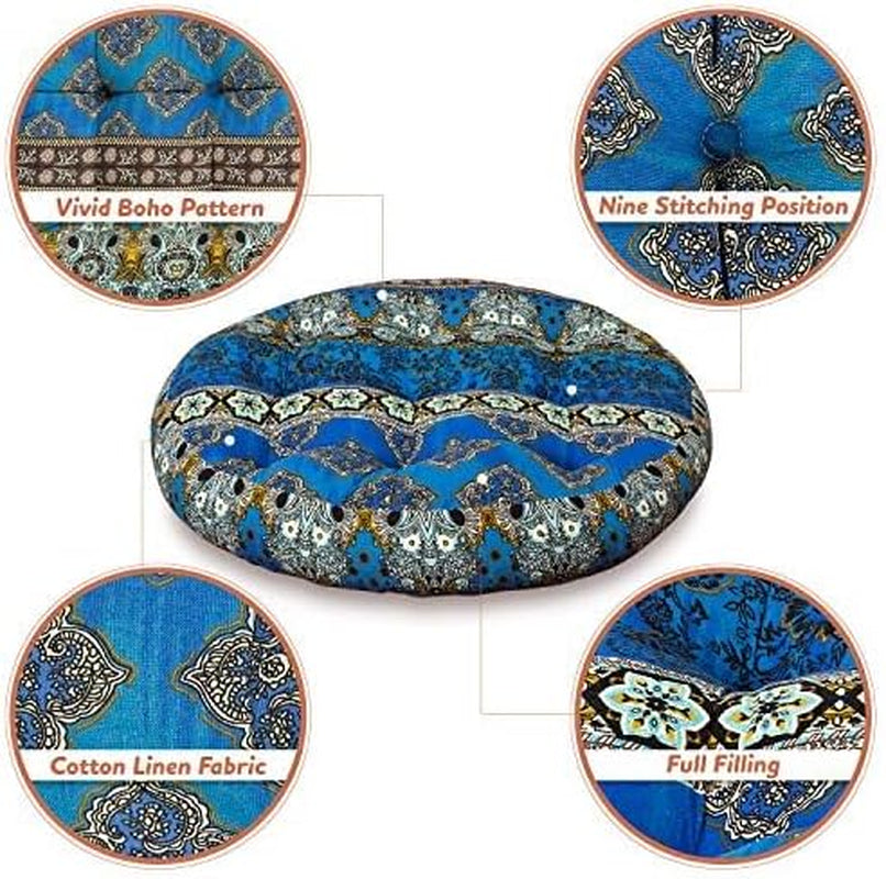 Boho Floor Pillow, Bohemian Patchwork Style Meditation Pillow round Seat Cushion Yoga Cushion India Seating Pad for Living Room Bedroom Balcony Garden, 22 Inch, Blue