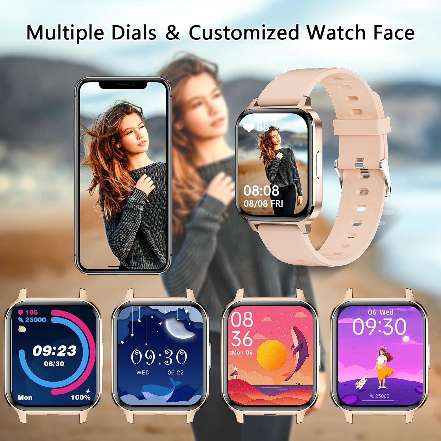 Smart Watch, 1.7" Smartwatch for Android and Ios Phones, Fitness Tracker with with Full Touch Color Screen Heart Rate and Sleep Monitor Pedometer, IP68 Waterproof Smart Watch for Women Men