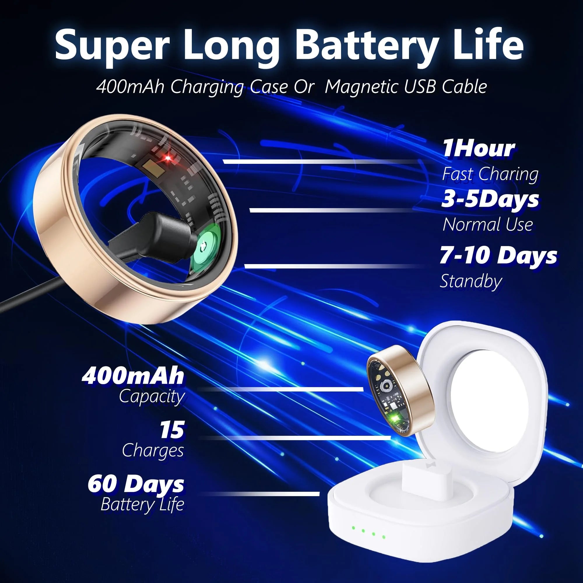 Smart Fitness Ring Tracker for Women Men with Charging Case, IP68 Waterproof for Iphone and Android, No Subscription Fee, Black 11