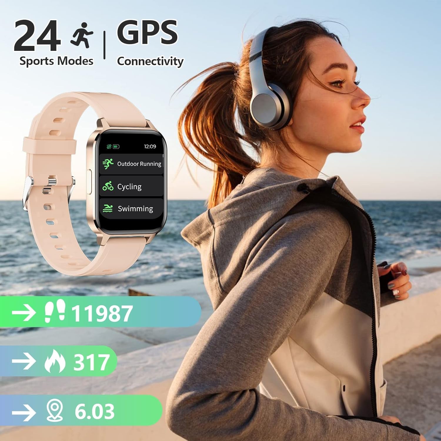Smart Watch, 1.7" Smartwatch for Android and Ios Phones, Fitness Tracker with with Full Touch Color Screen Heart Rate and Sleep Monitor Pedometer, IP68 Waterproof Smart Watch for Women Men