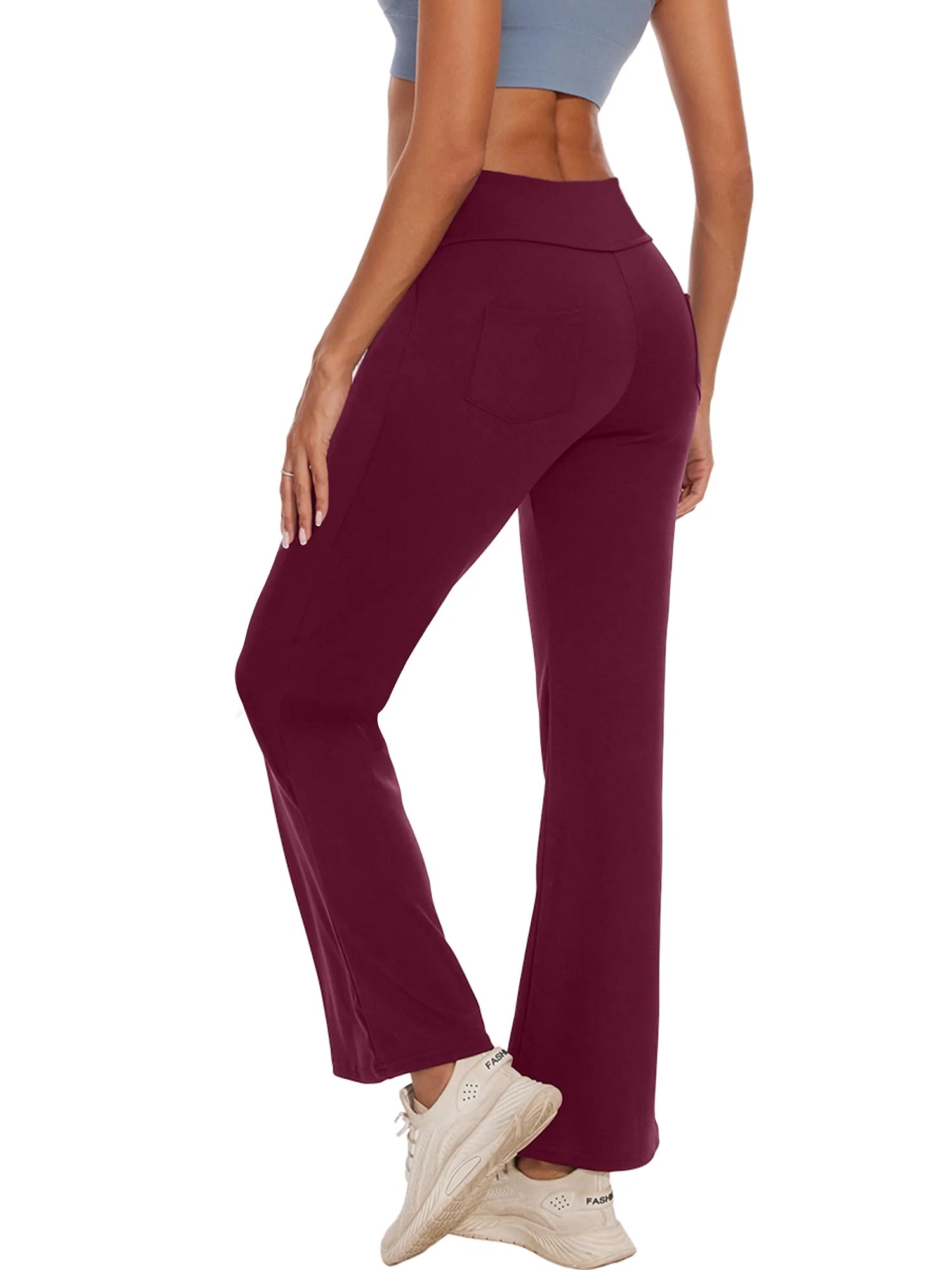 Womens Bootcut Yoga Pants with Pockets High Waist Bootleg Trousers Workout Gym Flare Legging Activewear Dark Red L