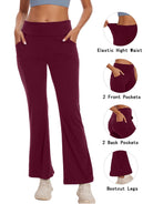 Womens Bootcut Yoga Pants with Pockets High Waist Bootleg Trousers Workout Gym Flare Legging Activewear Dark Red L