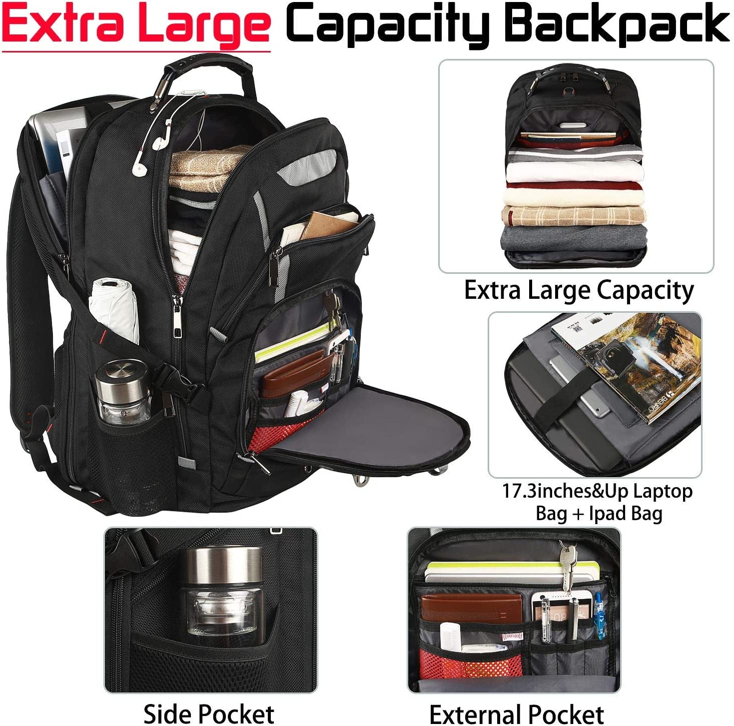 18.4 Laptop Backpack for Men, 55L-60L Extra Large Gaming Laptops Backpack with USB Charger Port, TSA Friendly Flight Approved RFID Anti-Theft Pocket, Water Resistant Suiltable for Travel Business Work